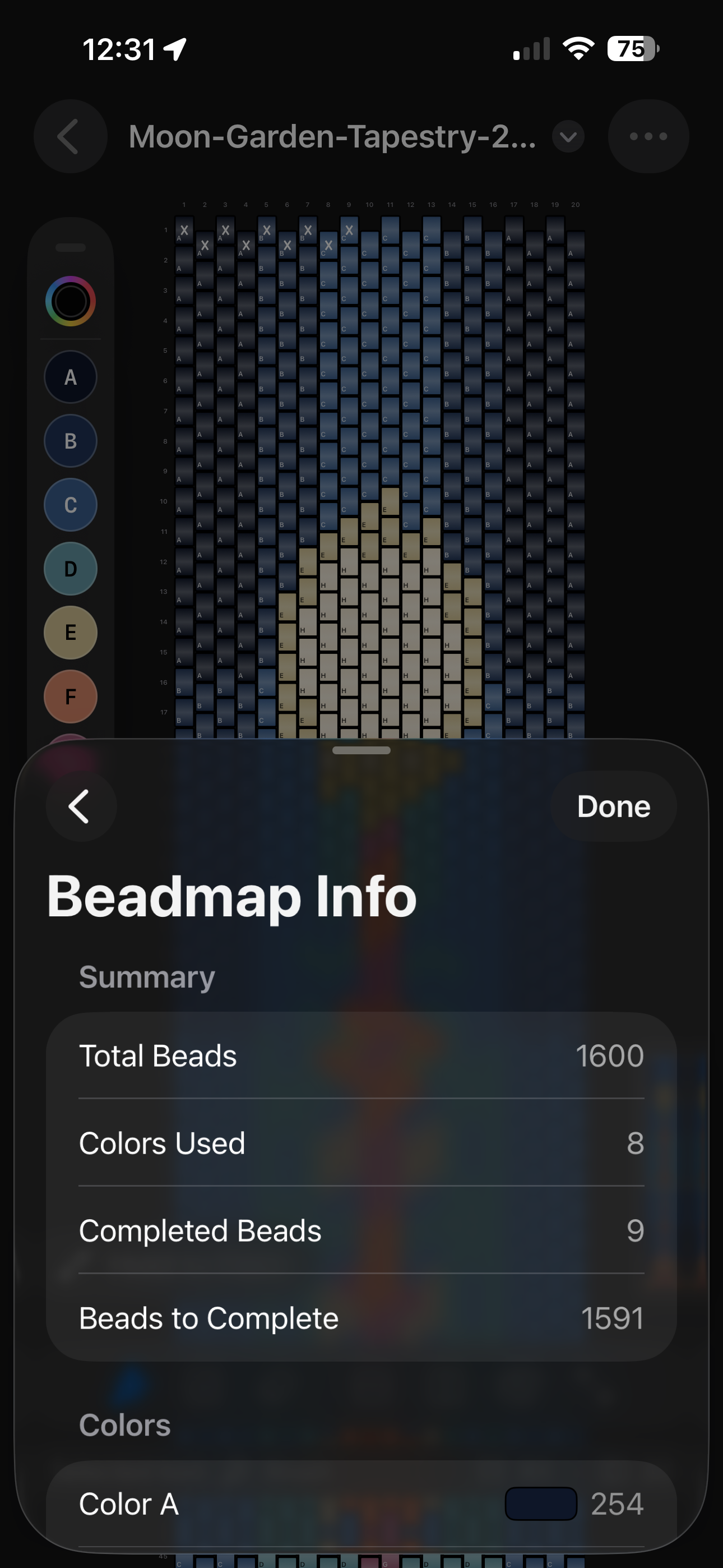 Beadly on iPhone showing completed bead tracking and progress information