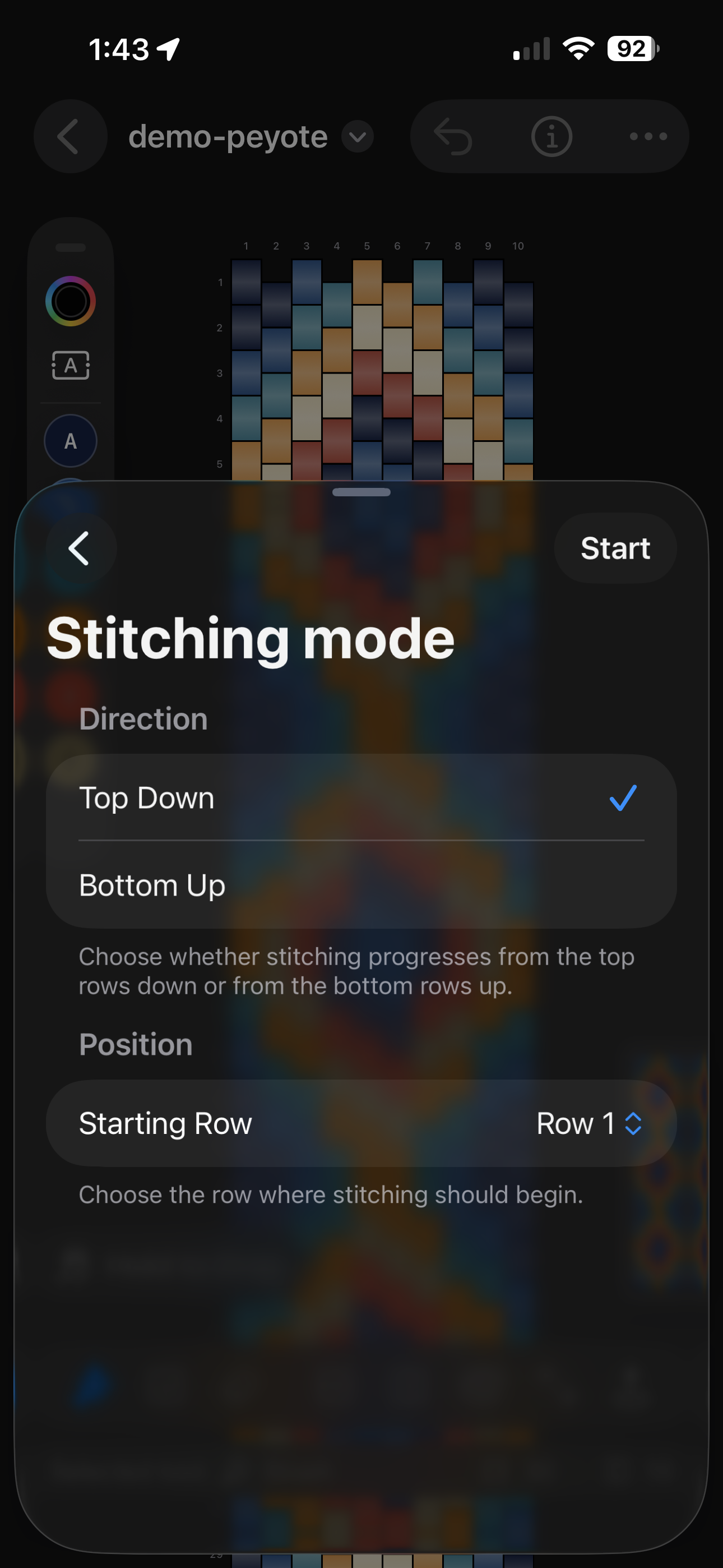 Beadly guided stitching mode showing highlighted beads and current row progress