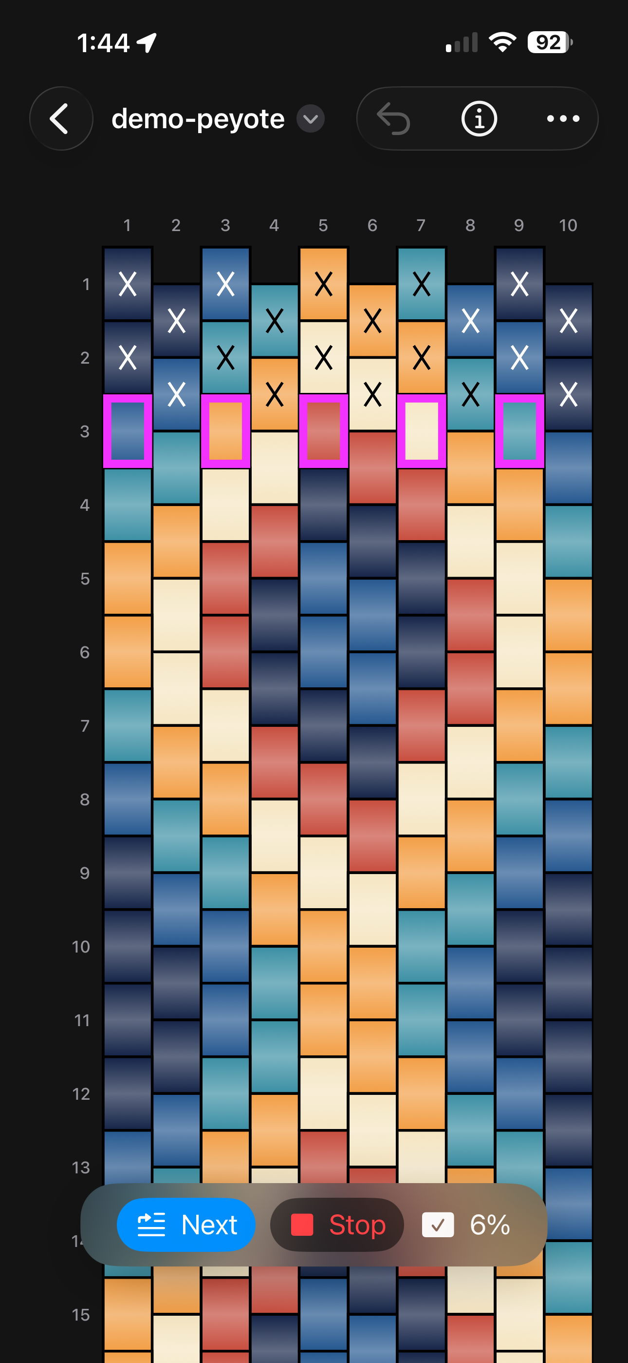 Beadly guided stitching mode showing controls and next-step navigation