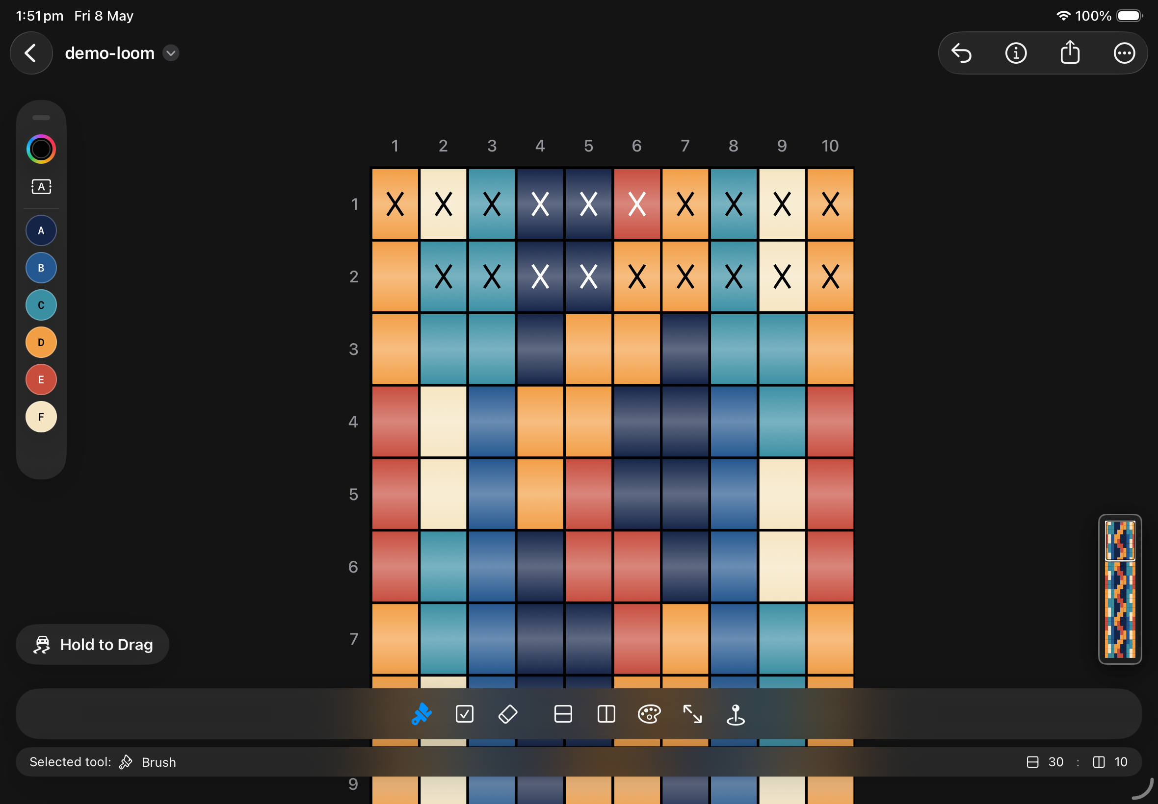 Beadly on iPad showing palette and color-management controls