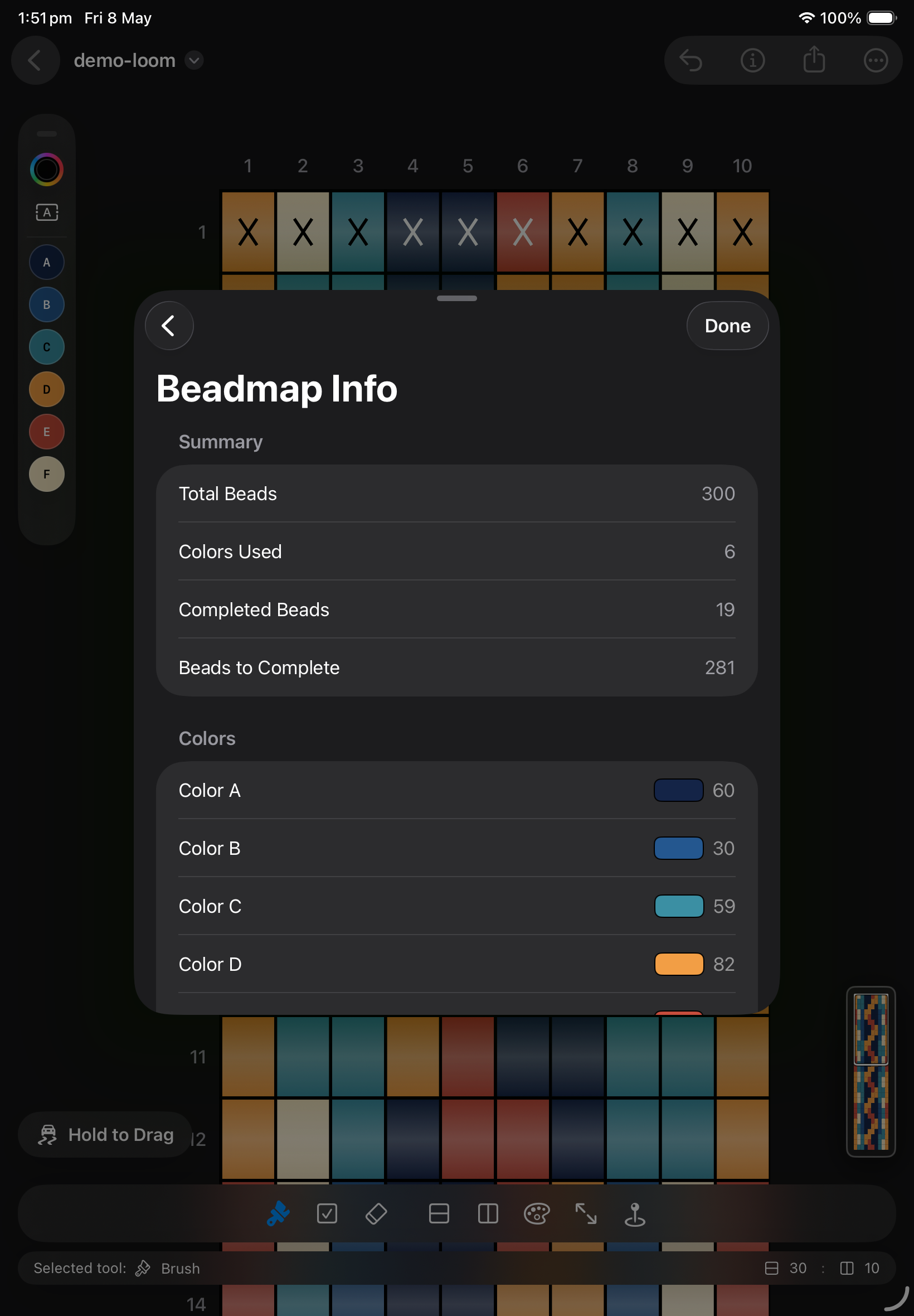 Beadly on iPad showing pattern review or export workflow